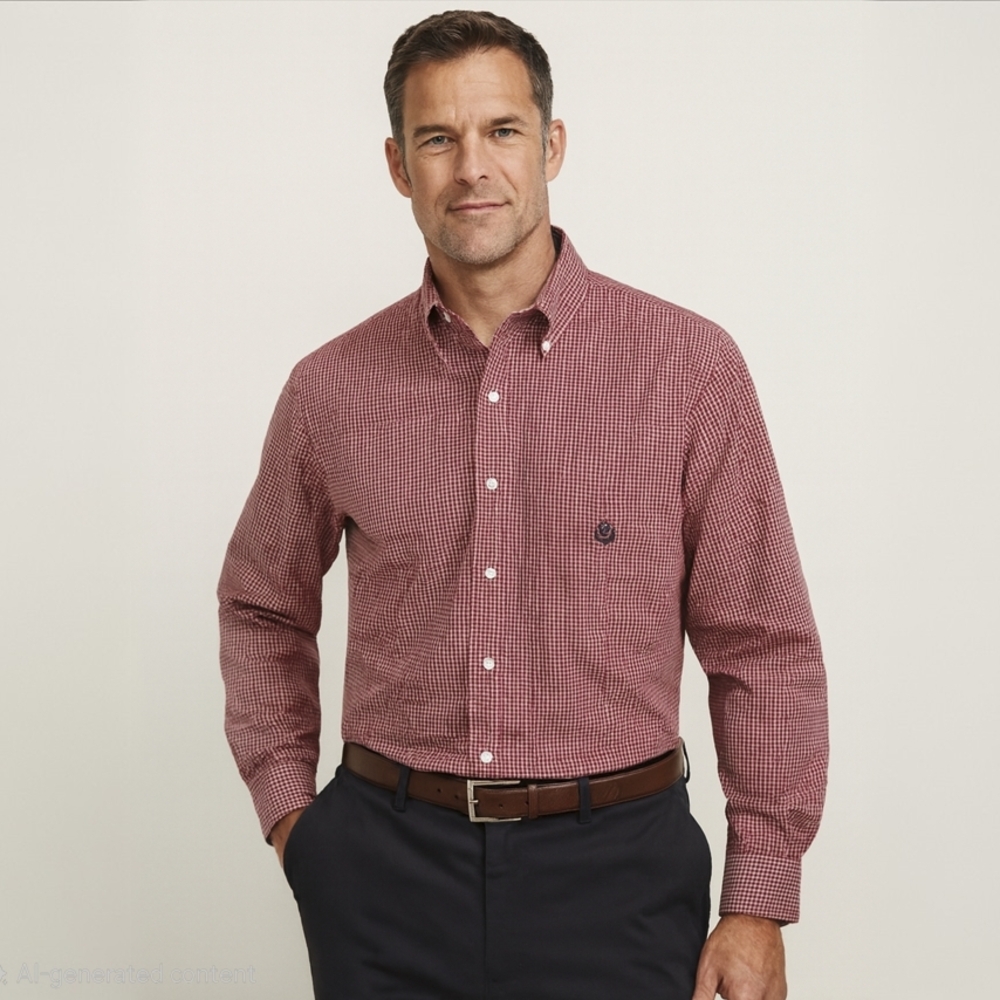 Chaps Red and White Small Checkered Long Sleeve Button Down Shirt